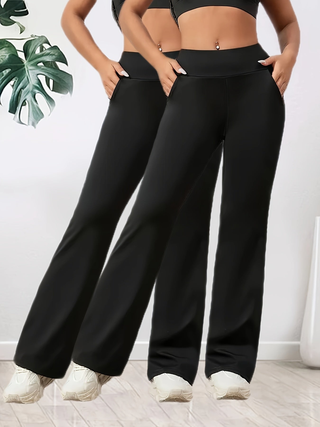 2-Pack Women's High-Waist Wide-Leg Flare Pants - Comfortable Stretchy Elastic Waist, Breathable Loose Fit for