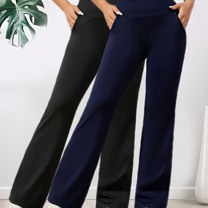 2-Pack Women's High-Waist Wide-Leg Flare Pants - Comfortable Stretchy Elastic Waist, Breathable Loose Fit for