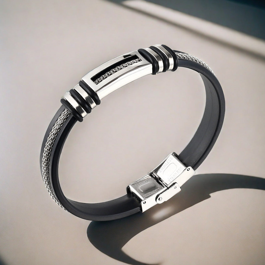 Stylish Minimalist Stainless Steel and Faux Leather Bracelet