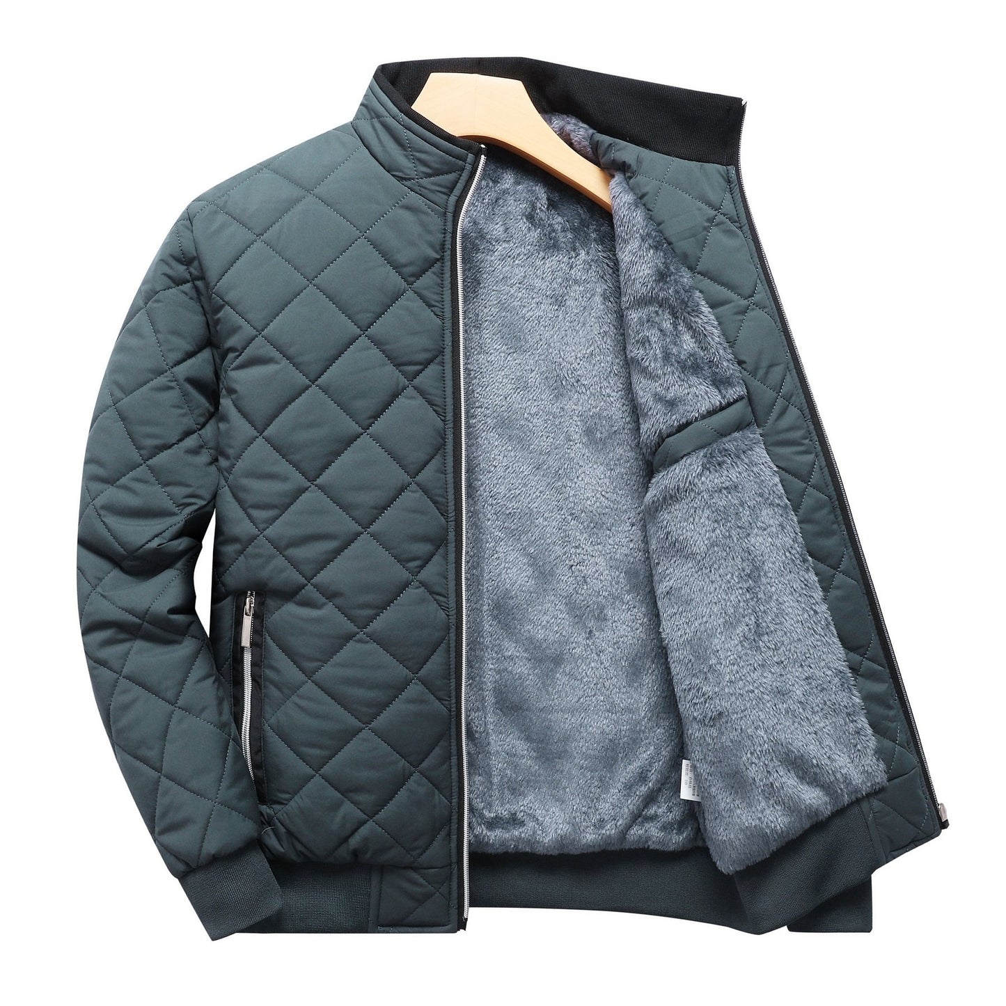 Men's Dark Green Quilted Fleece-Lined Winter Jacket - Comfortable Zip-Up with Pockets, Relaxed Fit for Cold Weather