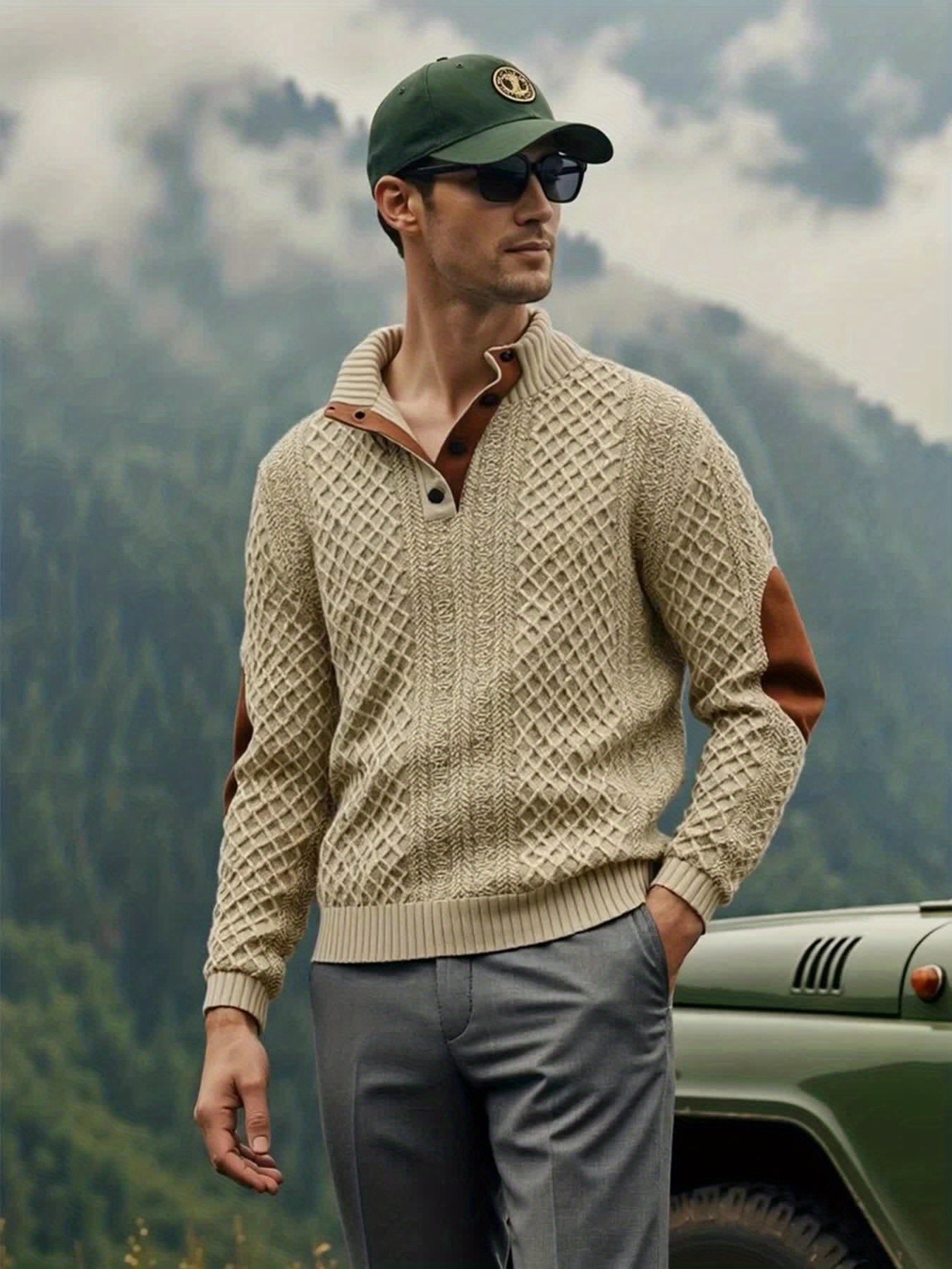 Men's Solid Green Casual Long Sleeve Henley Shirt - Stand Collar, Half-Placket Design, Perfect for All Seasons