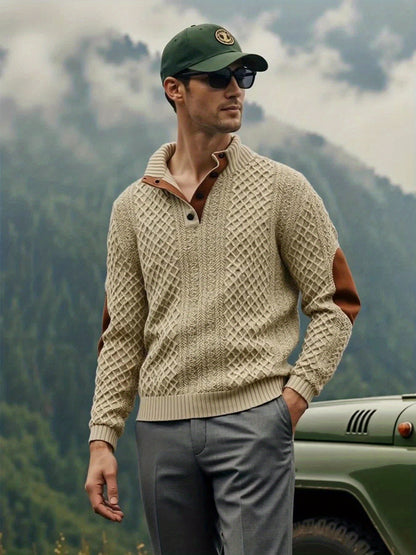 Men's Solid Green Casual Long Sleeve Henley Shirt - Stand Collar, Half-Placket Design, Perfect for All Seasons