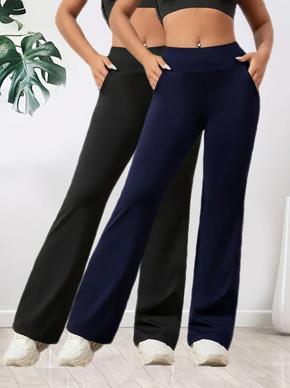 2-Pack Women's High-Waist Wide-Leg Flare Pants - Comfortable Stretchy Elastic Waist, Breathable Loose Fit for