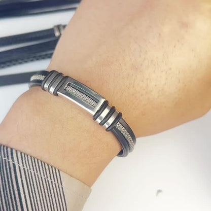 Stylish Minimalist Stainless Steel and Faux Leather Bracelet