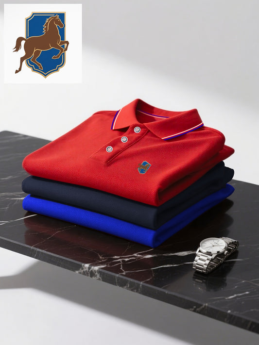 Set of 3 Men's Short Sleeve Shirts with Horse Logo - Breathable Moisture-Wicking Fabric, Classic Button-Up Collar & Cuffs, Regular Fit for Casual & Business Wear
