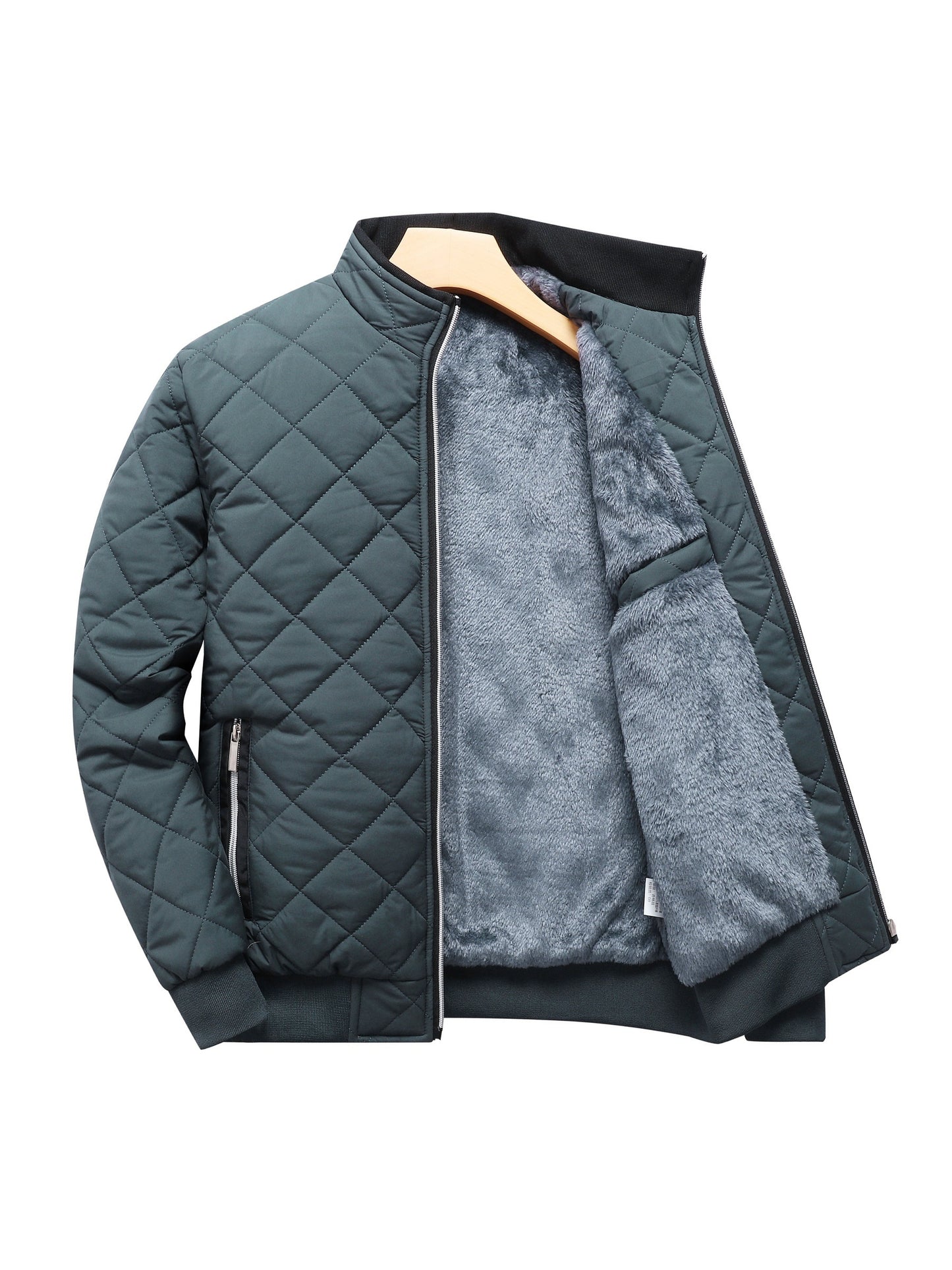 Men's Dark Green Quilted Fleece-Lined Winter Jacket - Comfortable Zip-Up with Pockets, Relaxed Fit for Cold Weather