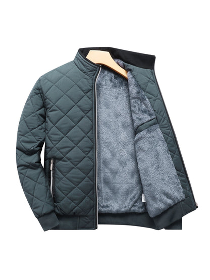Men's Dark Green Quilted Fleece-Lined Winter Jacket - Comfortable Zip-Up with Pockets, Relaxed Fit for Cold Weather