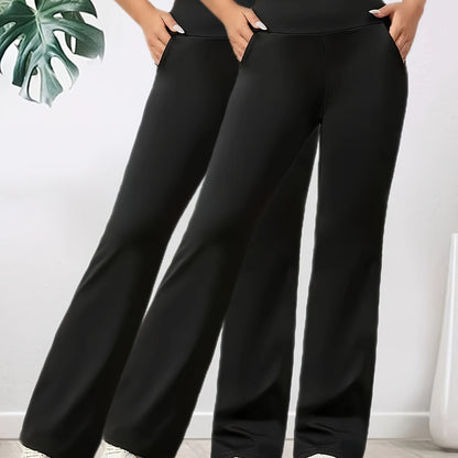 2-Pack Women's High-Waist Wide-Leg Flare Pants - Comfortable Stretchy Elastic Waist, Breathable Loose Fit for